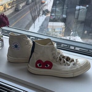 Converse Cream High-Tops with Red Heart- Converse Comme des Garcons PLAY x Chuck
